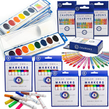 Load image into Gallery viewer, Color Swell 4 Packs Each of Broad Line Markers (32 Total Markers), Crayons (96 Total Crayons), and 8-Color Watercolors - ColorSwell
