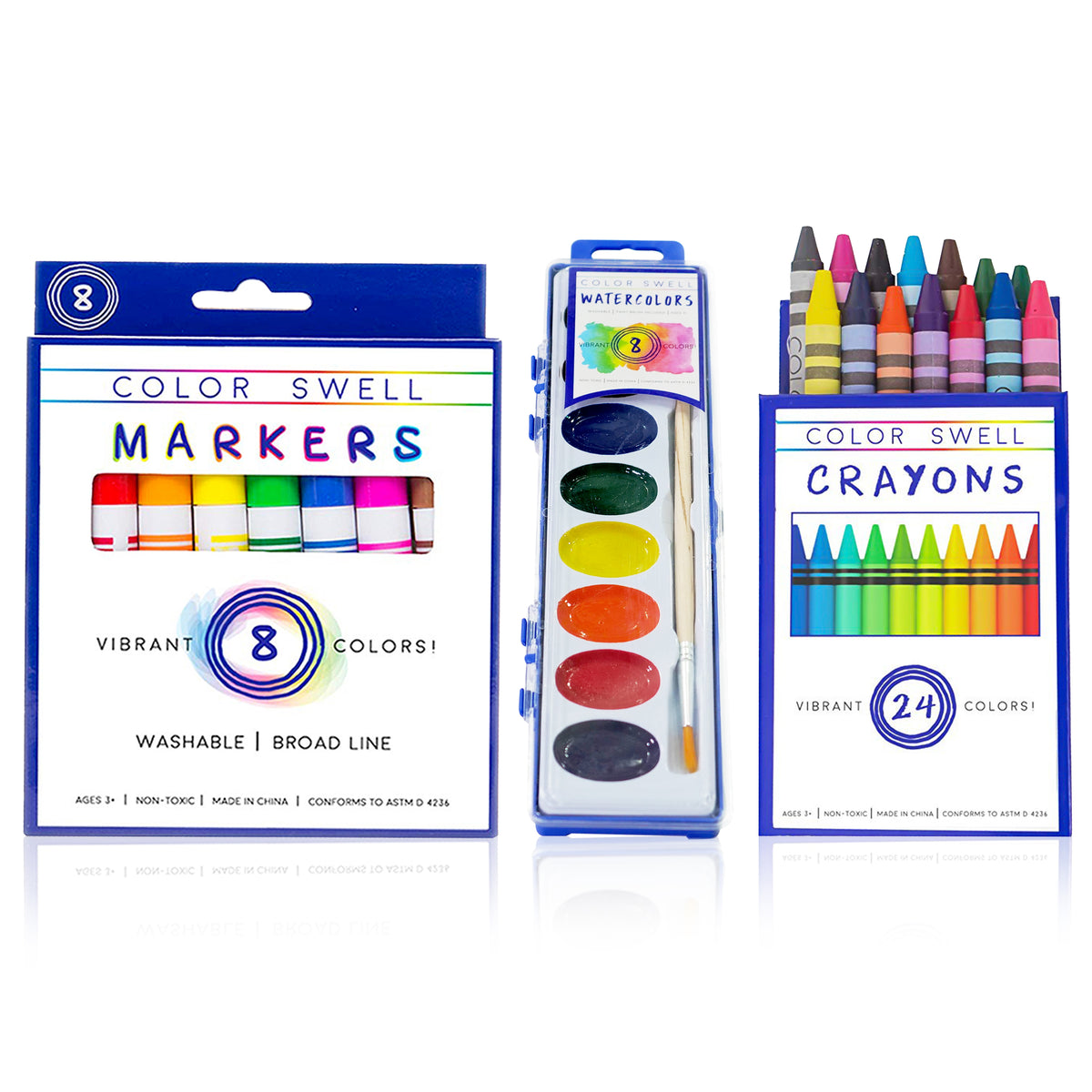 Color Swell Bulk Art Supplies - 6 Packs Washable Markers, 6 Watercolor Paints, 6 Packs Wax Crayons