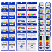 Load image into Gallery viewer, Art Supplies For Kids Mixed Bulk Art Supplies Pack (12 packs each of Markers, Watercolors, Crayons) - ColorSwell