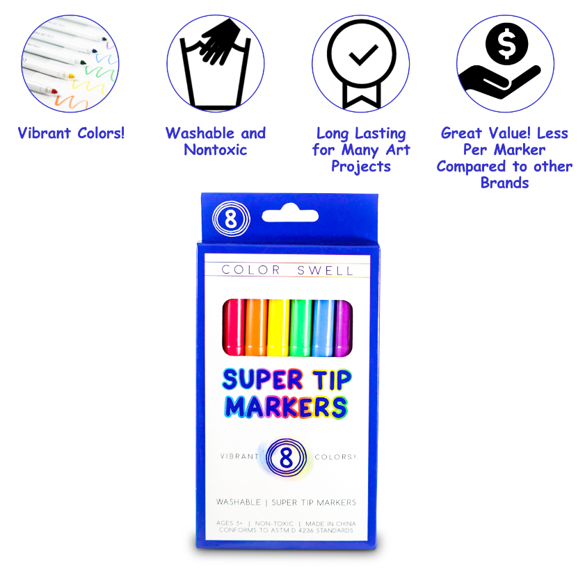 Color Swell Super Tip Washable Markers Bulk Pack 18 Boxes of 8 Vibrant Colors (144 Total)