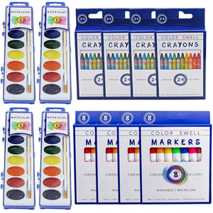 Color Swell 4 Packs Each of Broad Line Markers (32 Total Markers), Crayons (96 Total Crayons), and 8-Color Watercolors Color Swell
