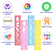 Color Swell Stencil Ruler 4 Pack - Fun Template Stencil Plastic Measuring Rulers - School Rulers for Drawing and School Supplies - ColorSwell