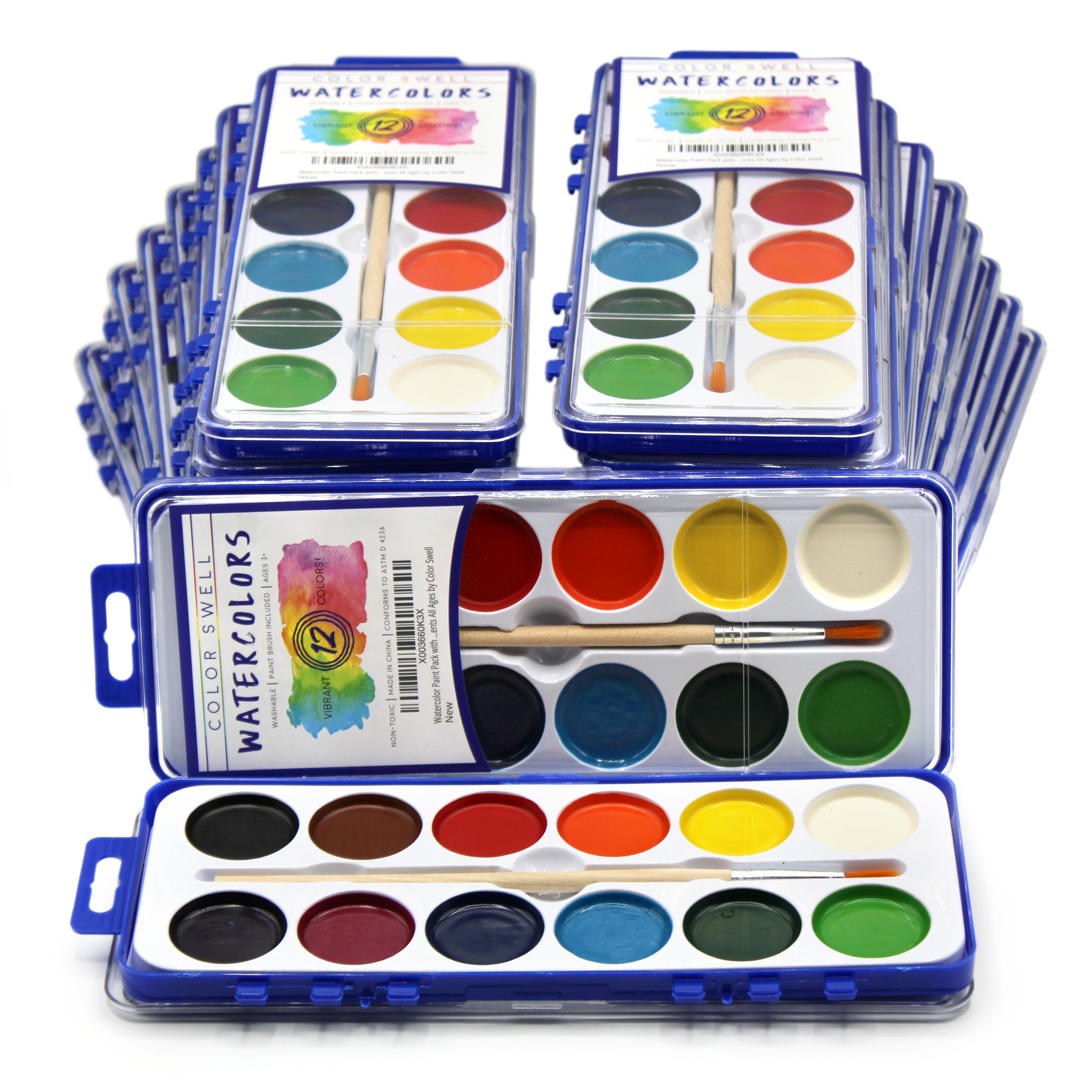 18 Set Bulk Watercolor Paint Pack with Wood Brushes 12 Washable Colors