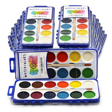 Load image into Gallery viewer, 18 Set Bulk Watercolor Paint Pack with Wood Brushes 12 Washable Colors Perfect for Kids Classroom Parties Students All Ages by Color Swell Color Swell