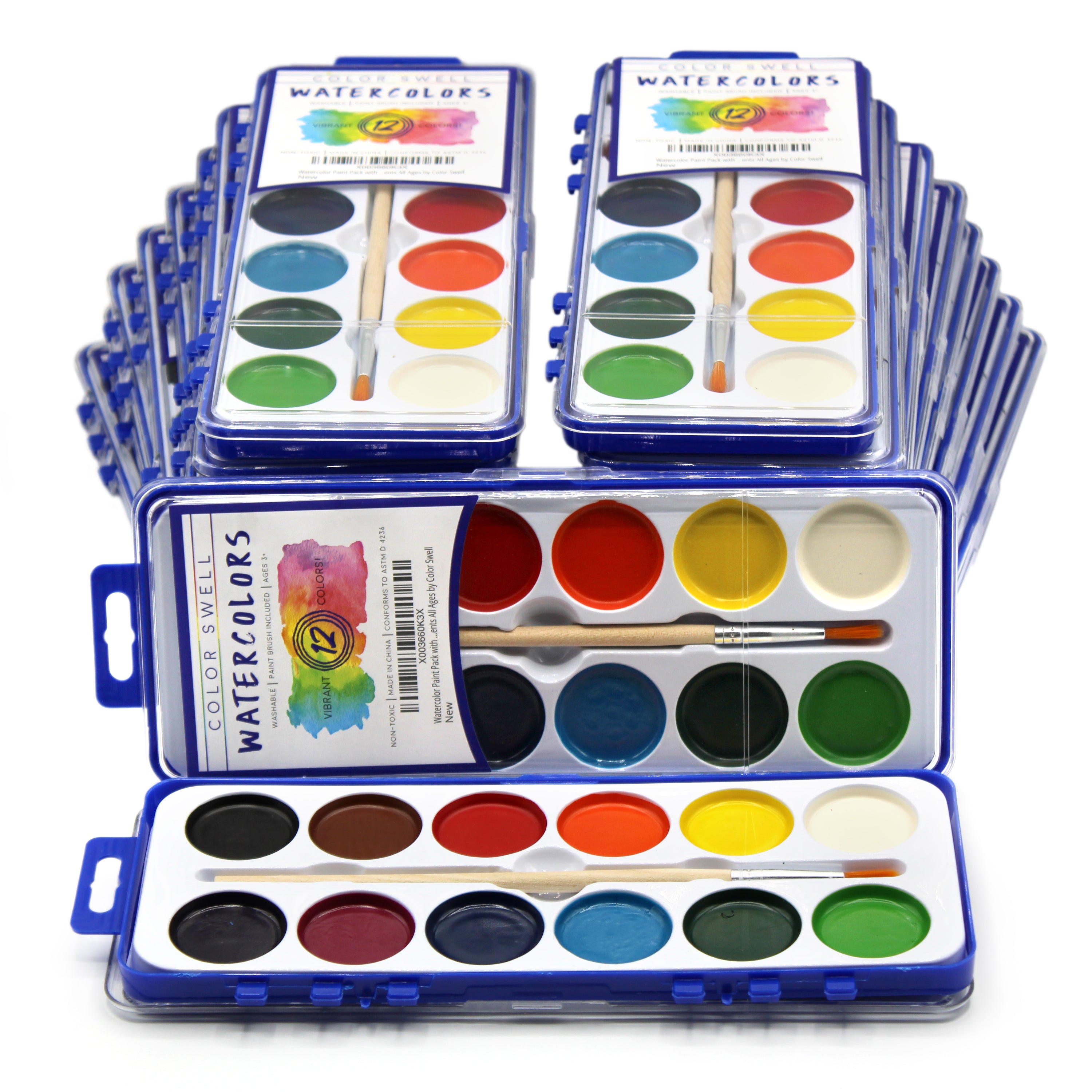 18 Set Bulk Watercolor Paint Pack with Wood Brushes 12 Washable Colors by Color Swell
