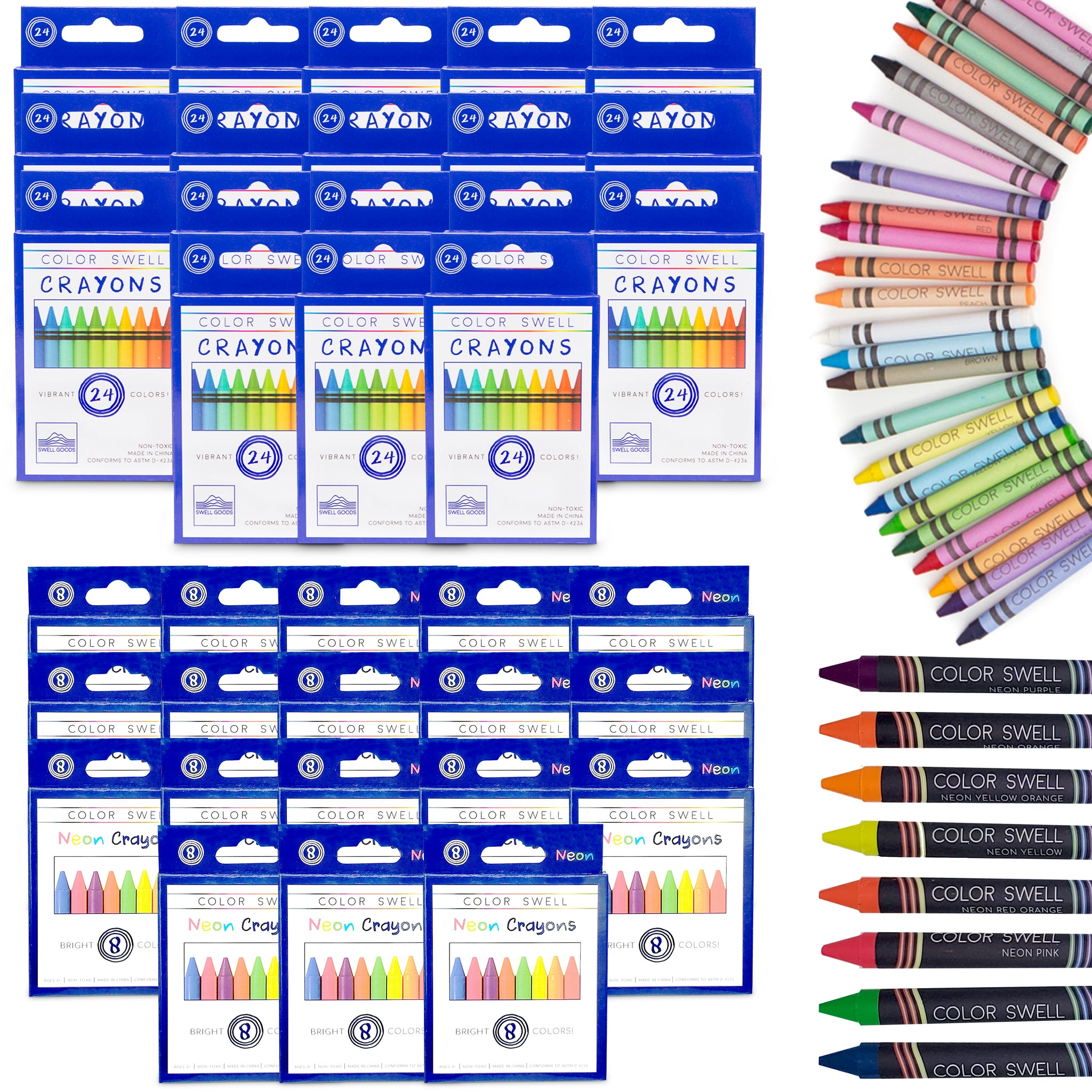 Color Swell Bulk Crayon Packs - 18 Packs Large Neon Crayons and 18 Pac