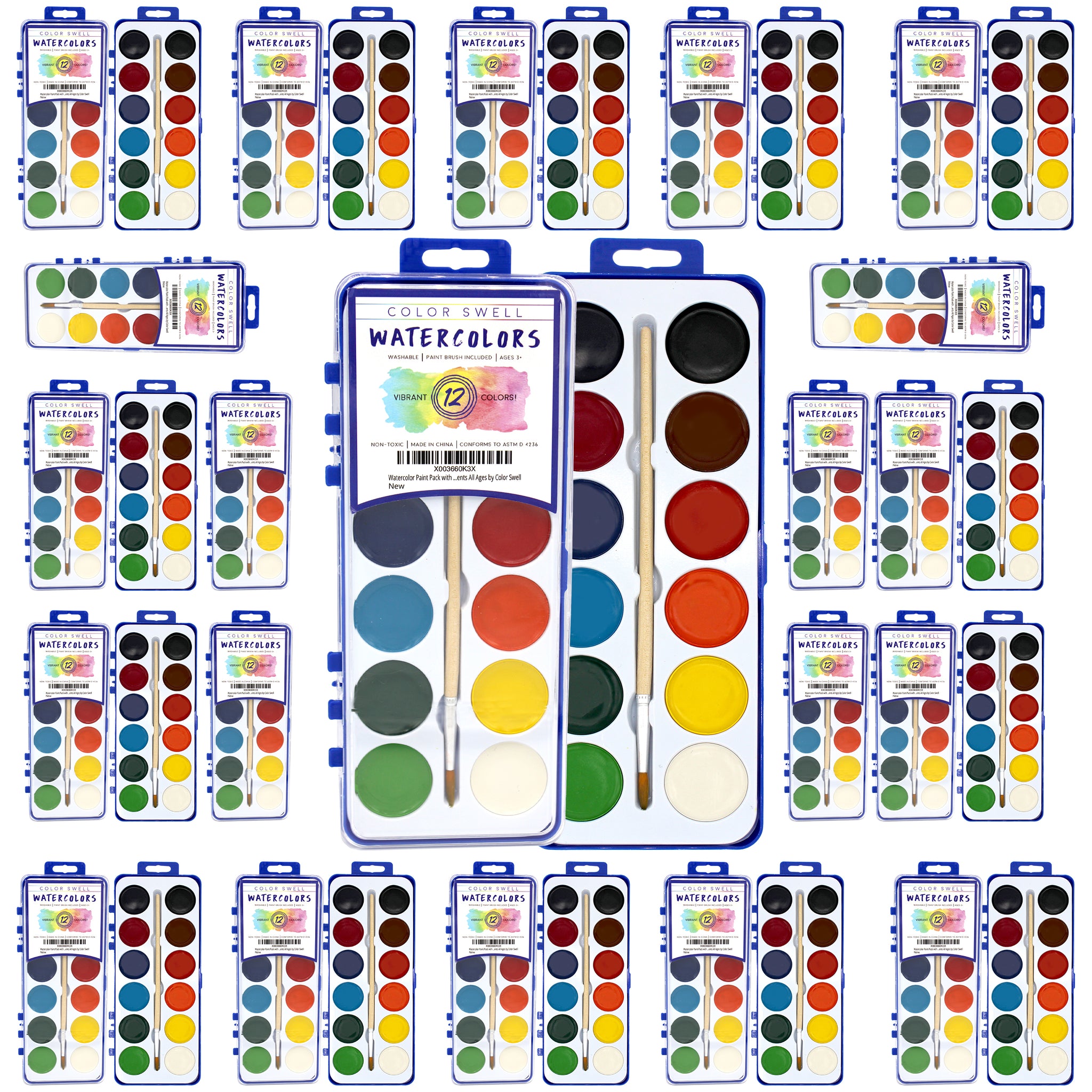 36 Set Bulk Watercolor Paint Pack with Wood Brushes 12 Washable Colors  Perfect for Kids Classroom Parties Students All Ages by Color Swell
