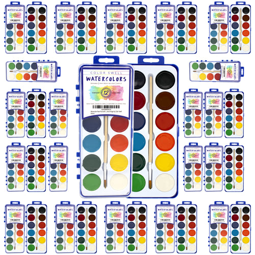 36 Set Bulk Watercolor Paint Pack with Wood Brushes 12 Washable Colors Perfect for Kids Classroom Parties Students All Ages by Color Swell Color Swell