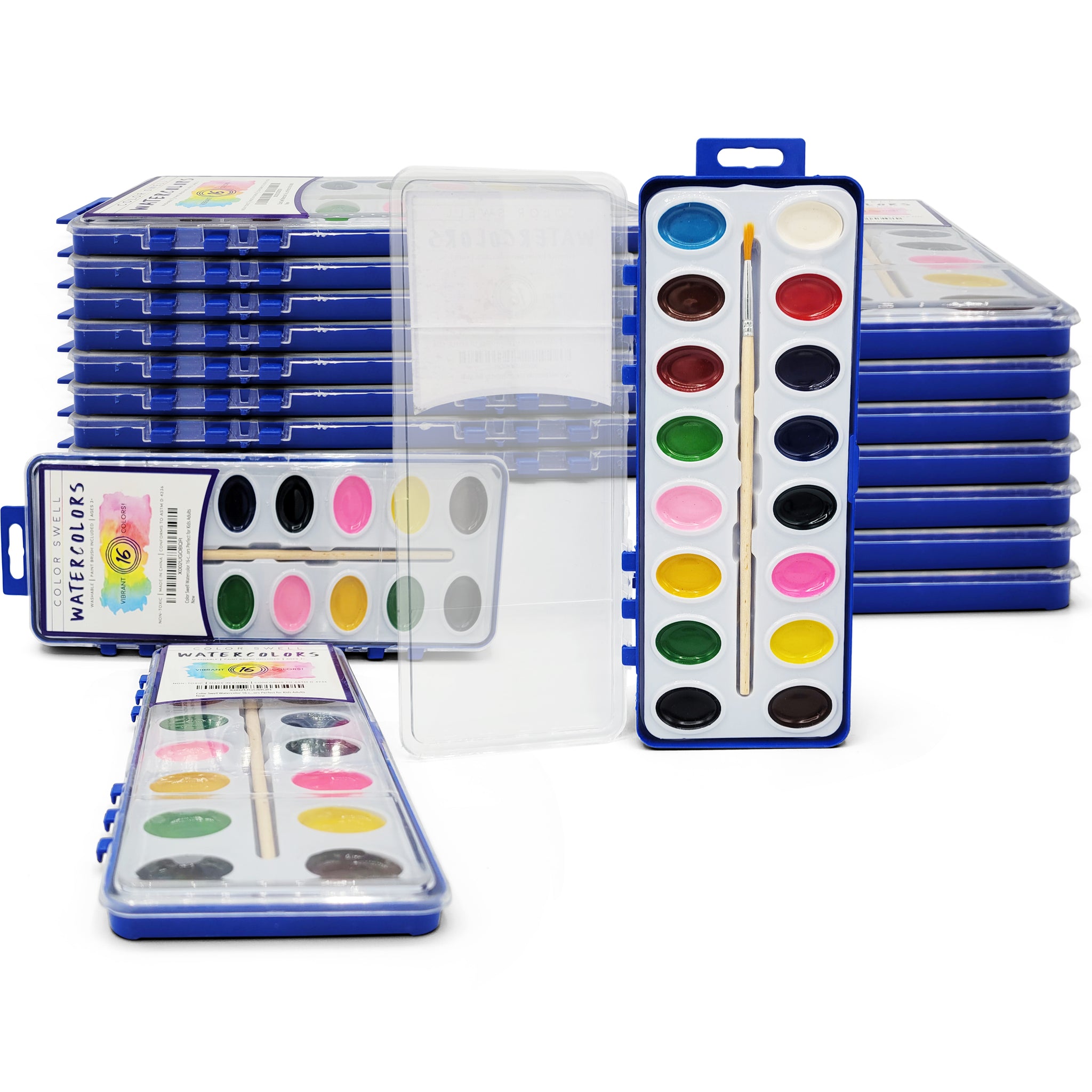 Color Swell Bulk Watercolors Paint Pack with Wood Brushes - 36 Sets with 8  Washable Colors Each - Perfect for Kids, Classrooms, Parties, Students