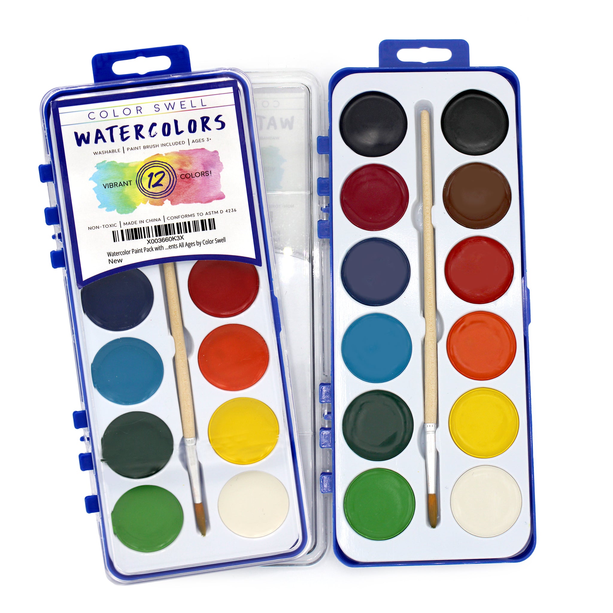 36 Set Bulk Watercolor Paint Pack with Wood Brushes 12 Washable