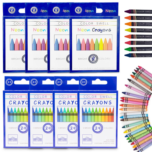 Color Swell Bulk Crayon Packs - 4 Packs Large Neon Crayons and 4 Packs Classic Crayons Color Swell