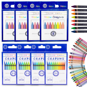 Color Swell Bulk Box Of Crayons - 4 Packs Large Neon Crayons and 4 Packs Classic Crayons - ColorSwell