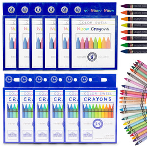 Color Swell Bulk Crayon Box Drawing For Kids - 6 Packs Large Neon Crayons and 6 Packs Classic Crayons - ColorSwell