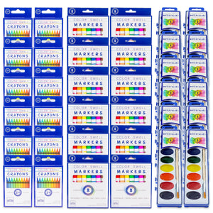 Art Supplies For Kids Mixed Bulk Art Supplies Pack (12 packs each of Markers, Watercolors, Crayons) - ColorSwell