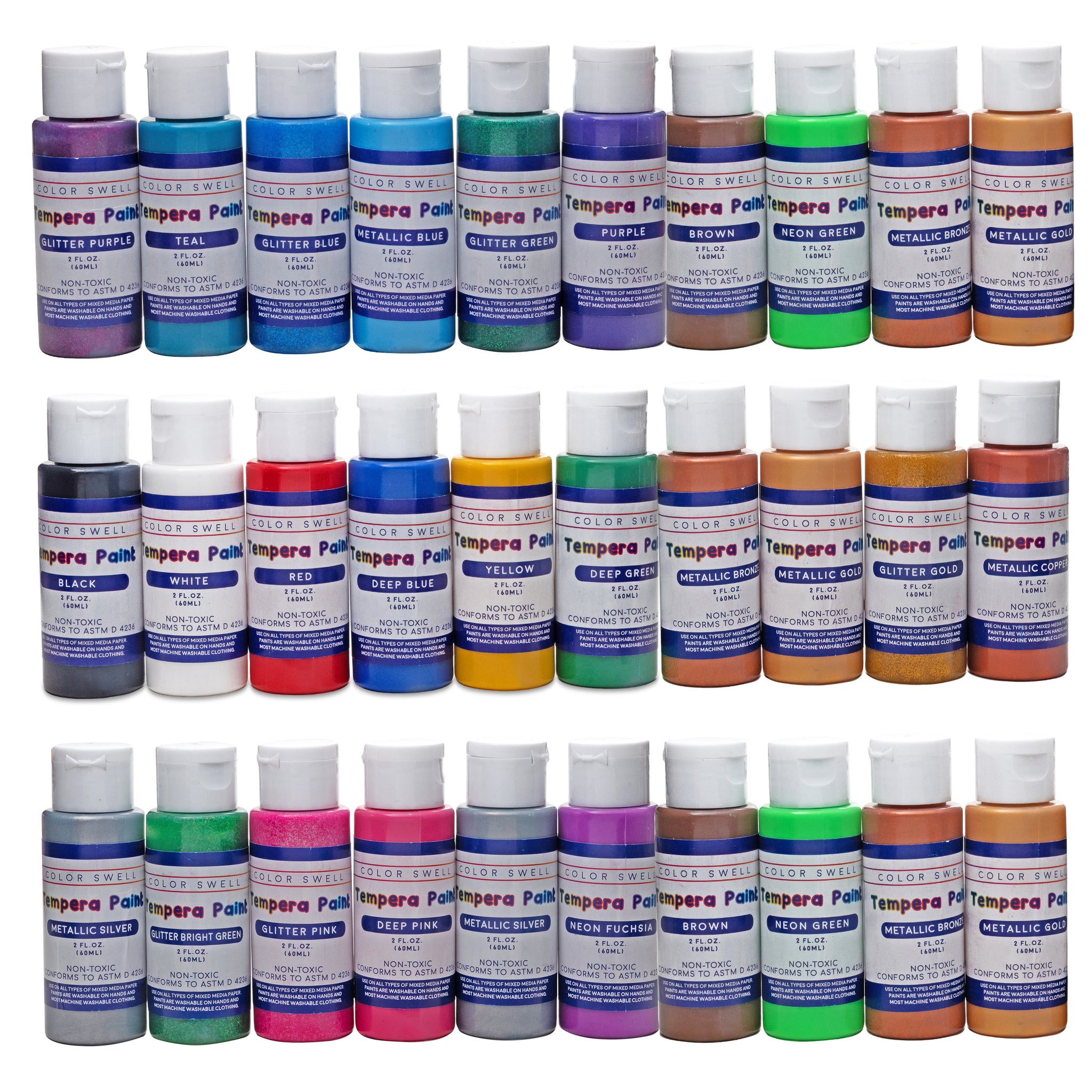 Color Swell Washable Tempera Paint Set - 30 Colors in 2 oz Bottles