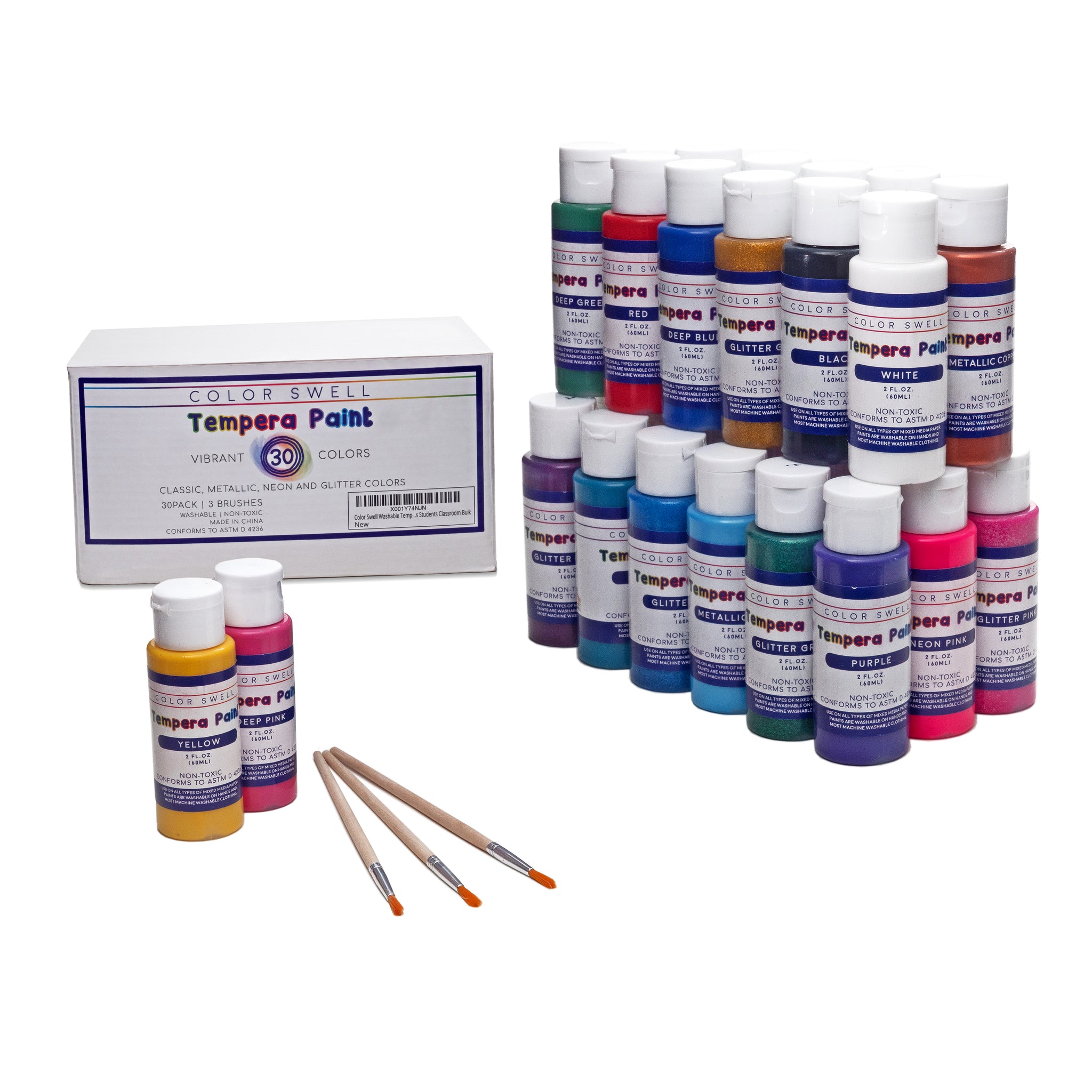 Color Swell Washable Tempera Paint Set - 30 Colors in 2 oz Bottles