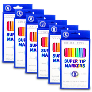 Color Swell Super Tip Washable Markers Bulk Pack, 6 Boxes of 8 Vibrant Colors (48 Total) - ColorSwell