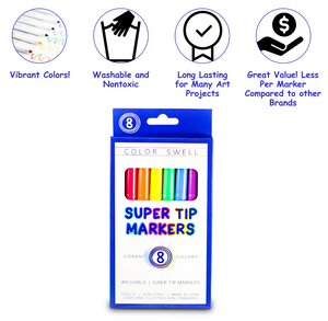 Color Swell Super Tip Washable Markers Bulk Pack 18 Boxes of 8 Vibrant Colors (144 Total) Color Swell